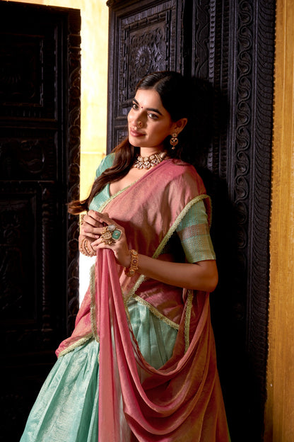 South Indian Lehenga: Dupion Silk Zari Weaving Lehenga Choli Set with Zari Shimmer Dupatta | Fully Stitched Bridal & Festive Wear