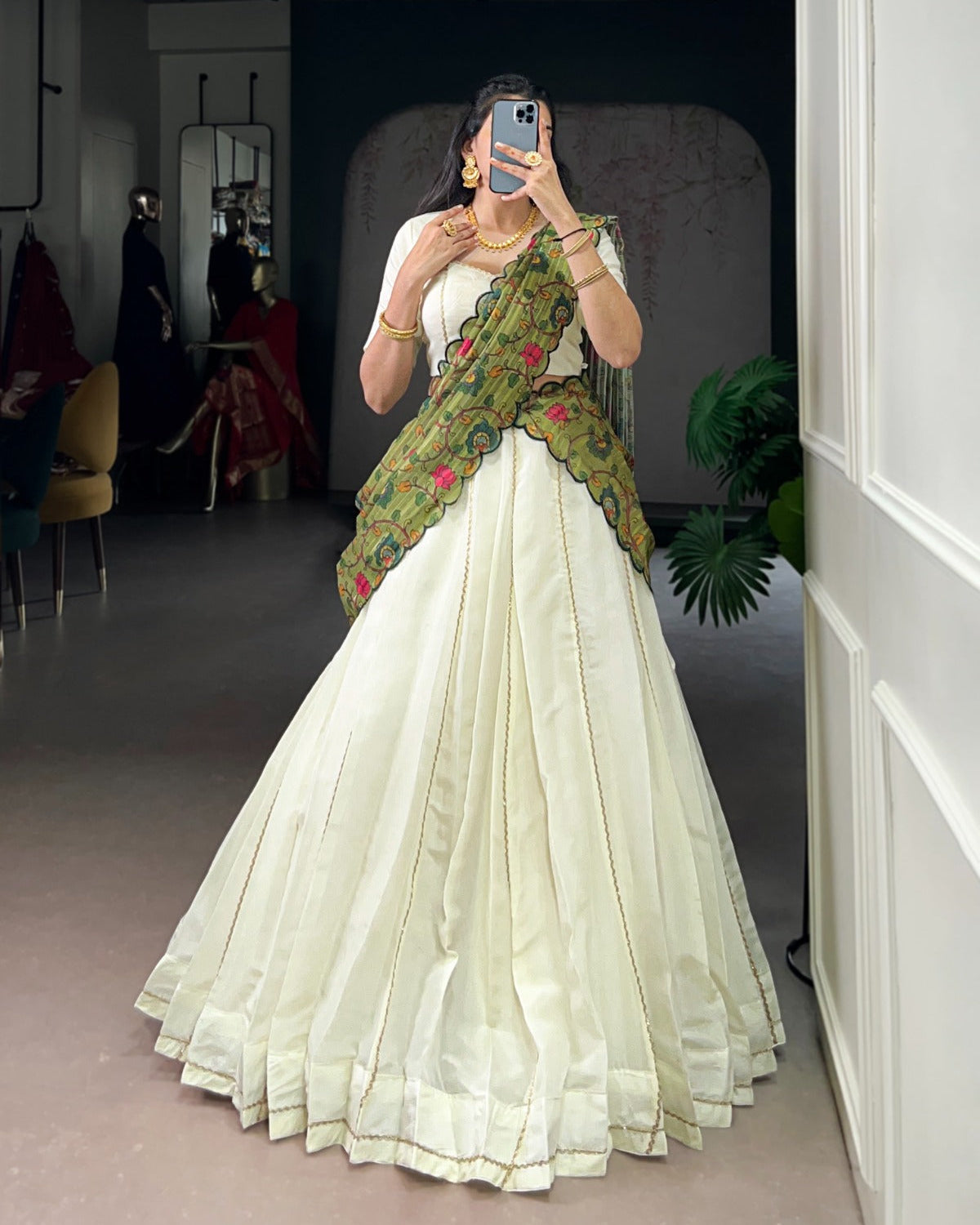 Ivory Floral New Crush Lehenga Choli Set with Kalamkari Kora Silk Dupatta | Fully Stitched 5m Flair