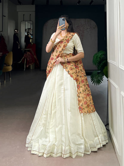Ivory Floral New Crush Lehenga Choli Set with Kalamkari Kora Silk Dupatta | Fully Stitched 5m Flair