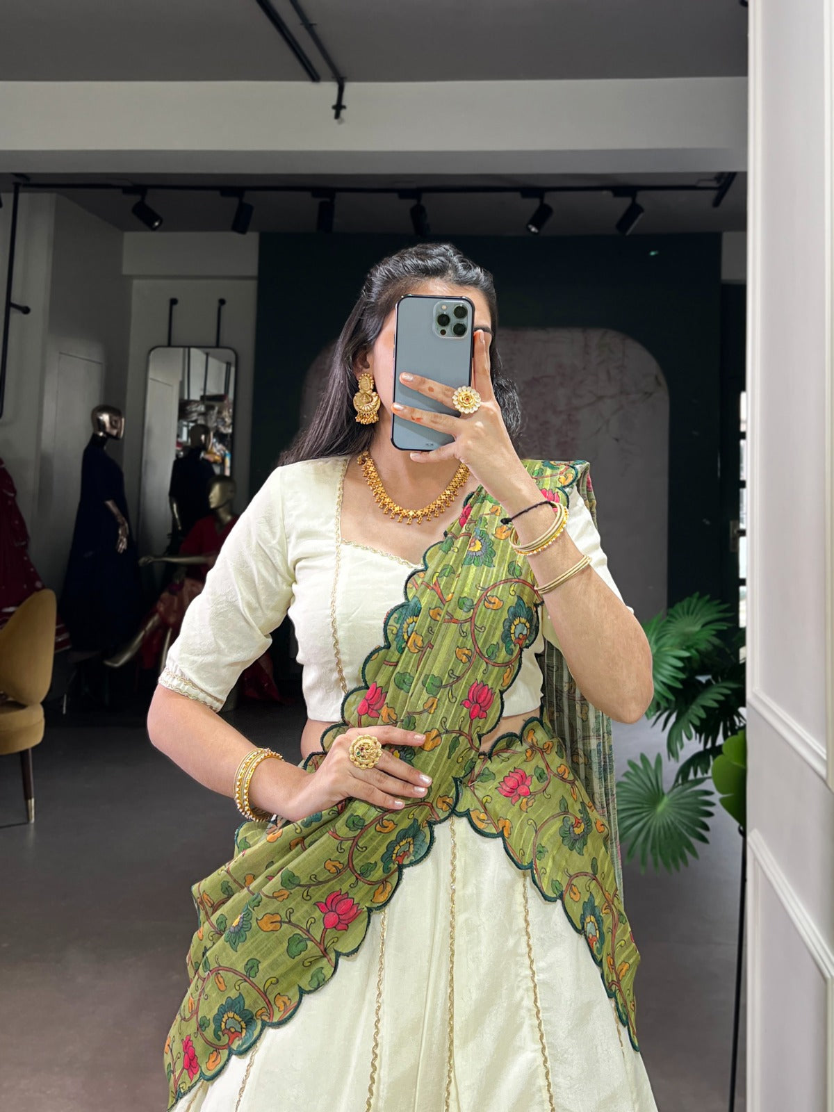 Ivory Floral New Crush Lehenga Choli Set with Kalamkari Kora Silk Dupatta | Fully Stitched 5m Flair