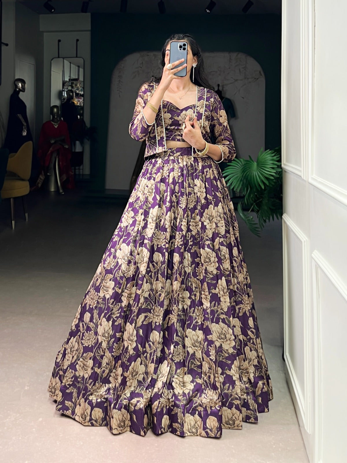 Soft Shine Tasar Silk Co-ord Lehenga Set for Women | Floral Print Lehenga Choli with Koti | Festive & Party Wear