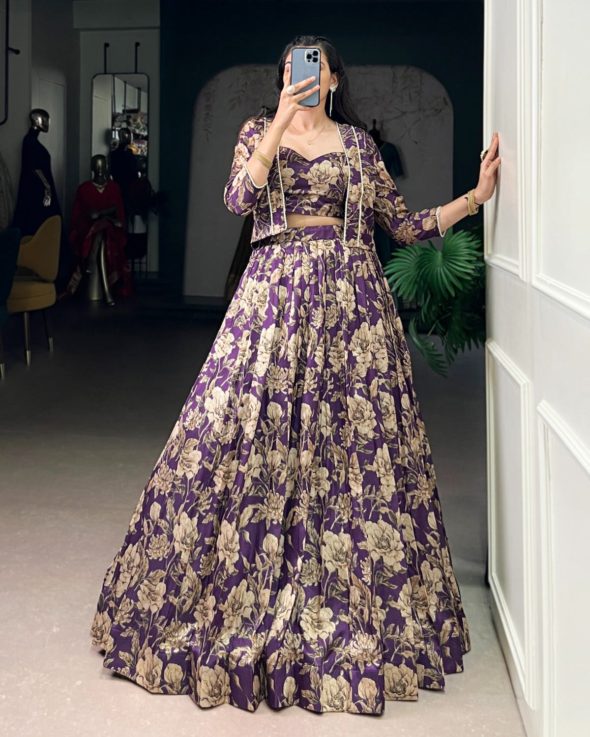 Soft Shine Tasar Silk Co-ord Lehenga Set for Women | Floral Print Lehenga Choli with Koti | Festive & Party Wear