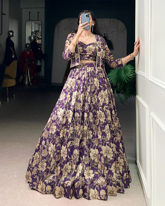 Soft Shine Tasar Silk Co-ord Lehenga Set for Women | Floral Print Lehenga Choli with Koti | Festive & Party Wear