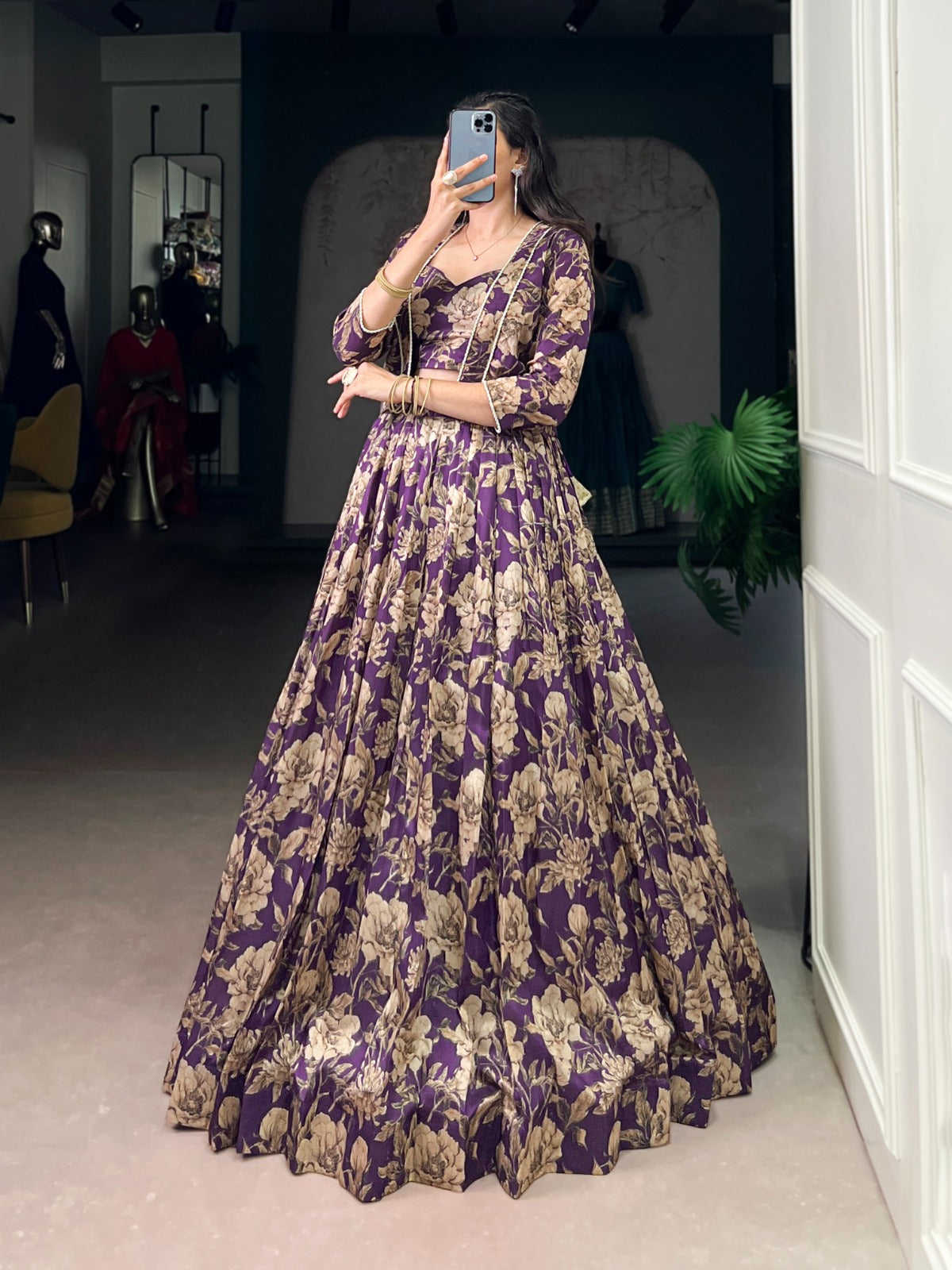 Soft Shine Tasar Silk Co-ord Lehenga Set for Women | Floral Print Lehenga Choli with Koti | Festive & Party Wear