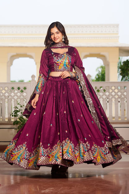 Premium Pure Vichitra Lehenga Choli Set with Heavy Embroidery, Sequins Work & Dupatta – Wedding & Festive Wear