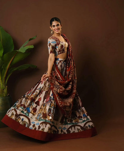 Kalamkari Cotton Lehenga Choli Set with Dupatta | Fully Stitched Ethnic Wear for Women