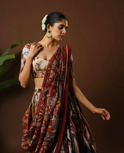 Kalamkari Cotton Lehenga Choli Set with Dupatta | Fully Stitched Ethnic Wear for Women