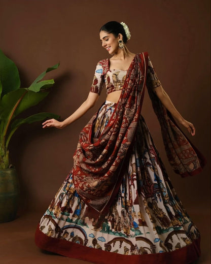 Kalamkari Cotton Lehenga Choli Set with Dupatta | Fully Stitched Ethnic Wear for Women