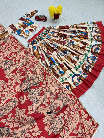 Kalamkari Cotton Lehenga Choli Set with Dupatta | Fully Stitched Ethnic Wear for Women