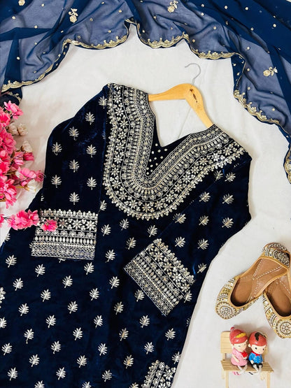 Premium Velvet Kurti Plazzo Suit Set with Sequin & Zari Embroidery & Georgette Dupatta (Fully Stitched)
