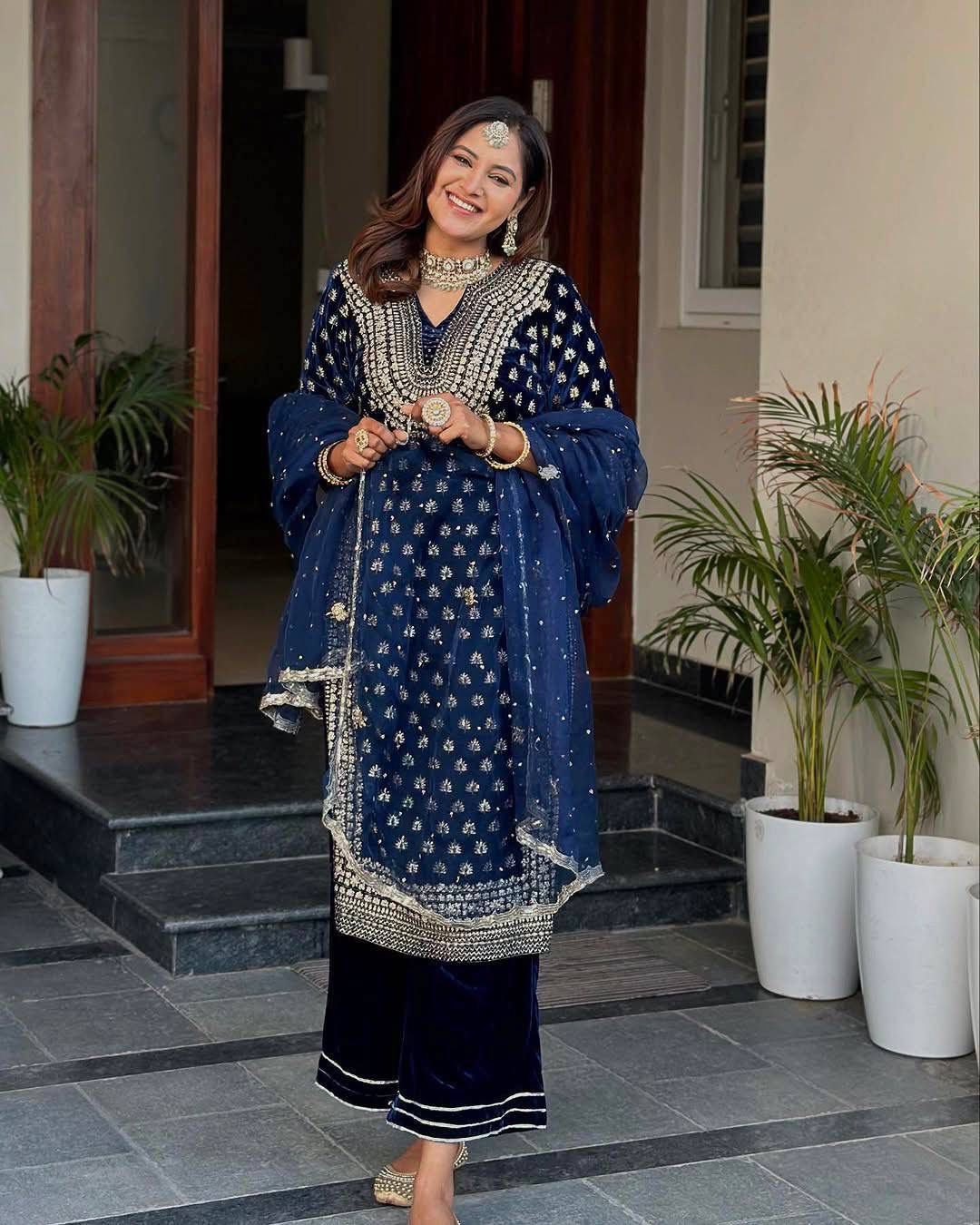 Premium Velvet Kurti Plazzo Suit Set with Sequin & Zari Embroidery & Georgette Dupatta (Fully Stitched)