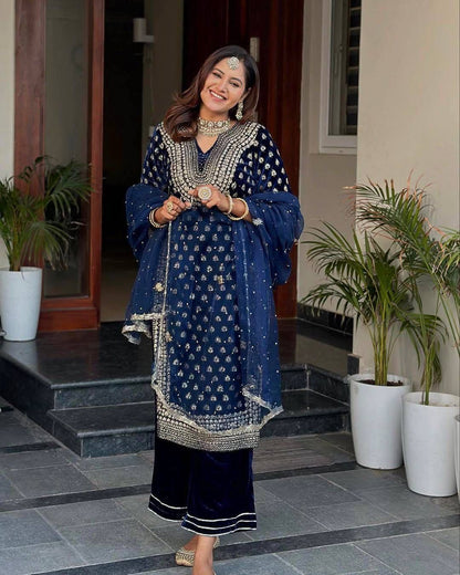Premium Velvet Kurti Plazzo Suit Set with Sequin & Zari Embroidery & Georgette Dupatta (Fully Stitched)