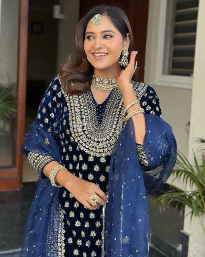 Premium Velvet Kurti Plazzo Suit Set with Sequin & Zari Embroidery & Georgette Dupatta (Fully Stitched)