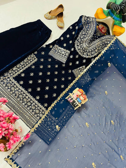 Premium Velvet Kurti Plazzo Suit Set with Sequin & Zari Embroidery & Georgette Dupatta (Fully Stitched)