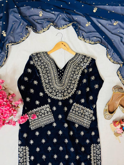Premium Velvet Kurti Plazzo Suit Set with Sequin & Zari Embroidery & Georgette Dupatta (Fully Stitched)