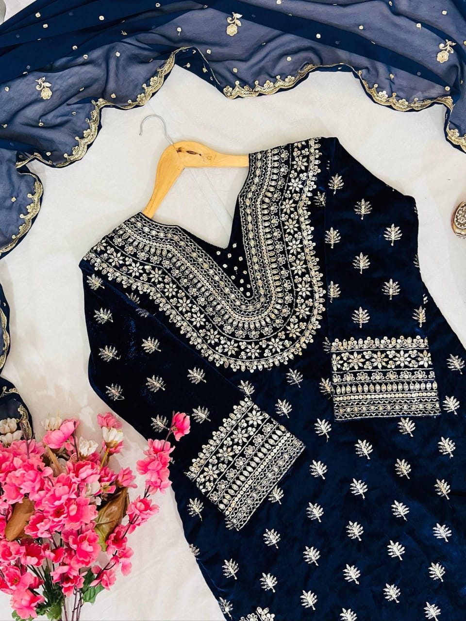 Premium Velvet Kurti Plazzo Suit Set with Sequin & Zari Embroidery & Georgette Dupatta (Fully Stitched)