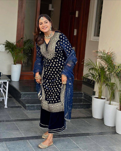 Premium Velvet Kurti Plazzo Suit Set with Sequin & Zari Embroidery & Georgette Dupatta (Fully Stitched)