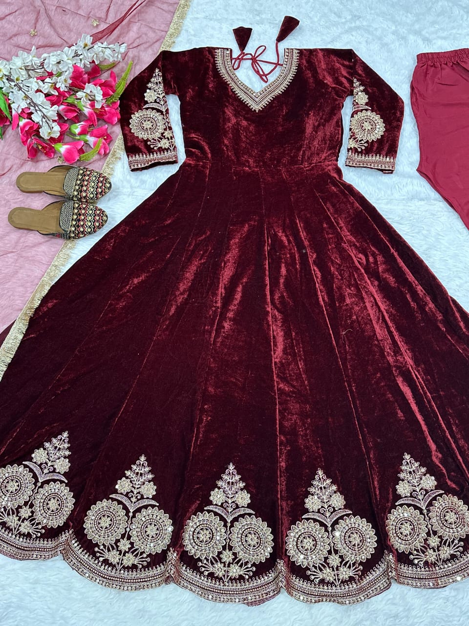 Premium Viscose Velvet Embroidered Anarkali Suit with Net Dupatta & Micro Cotton Silk Pant – Ready to Wear