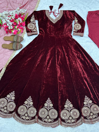 Premium Viscose Velvet Embroidered Anarkali Suit with Net Dupatta & Micro Cotton Silk Pant – Ready to Wear