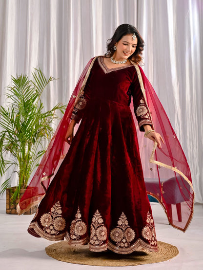 Premium Viscose Velvet Embroidered Anarkali Suit with Net Dupatta & Micro Cotton Silk Pant – Ready to Wear