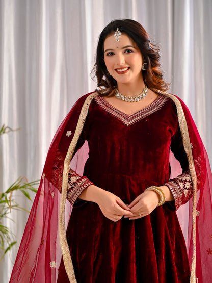 Premium Viscose Velvet Embroidered Anarkali Suit with Net Dupatta & Micro Cotton Silk Pant – Ready to Wear