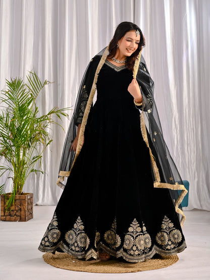 Premium Viscose Velvet Embroidered Anarkali Suit with Net Dupatta & Micro Cotton Silk Pant – Ready to Wear