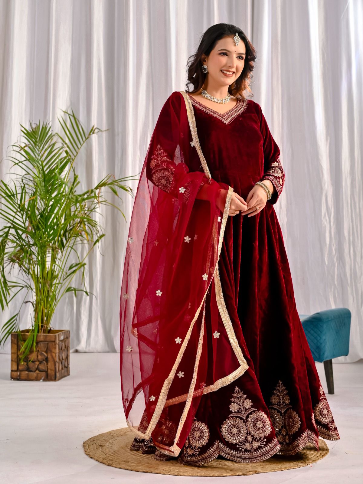 Premium Viscose Velvet Embroidered Anarkali Suit with Net Dupatta & Micro Cotton Silk Pant – Ready to Wear