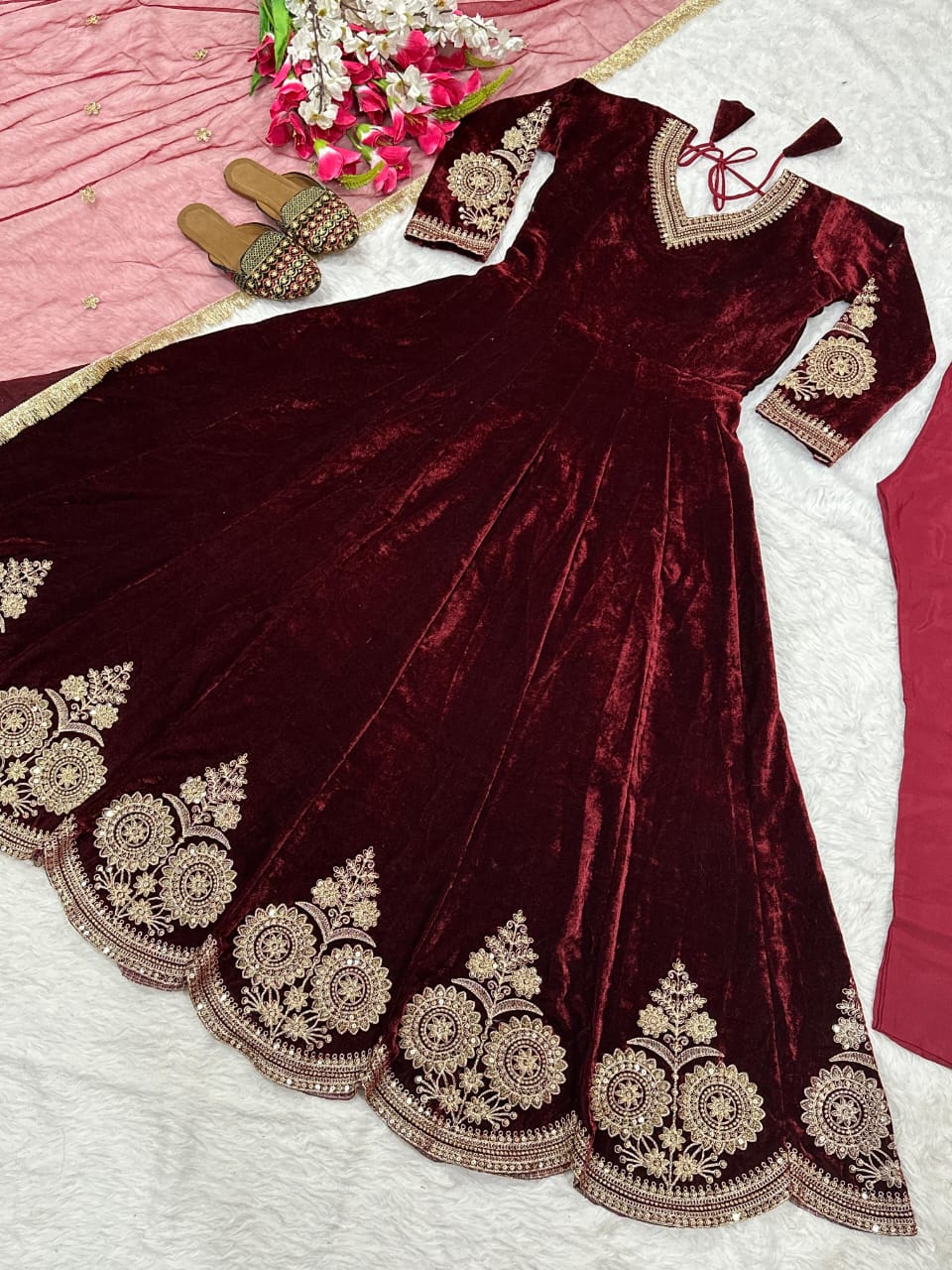 Premium Viscose Velvet Embroidered Anarkali Suit with Net Dupatta & Micro Cotton Silk Pant – Ready to Wear