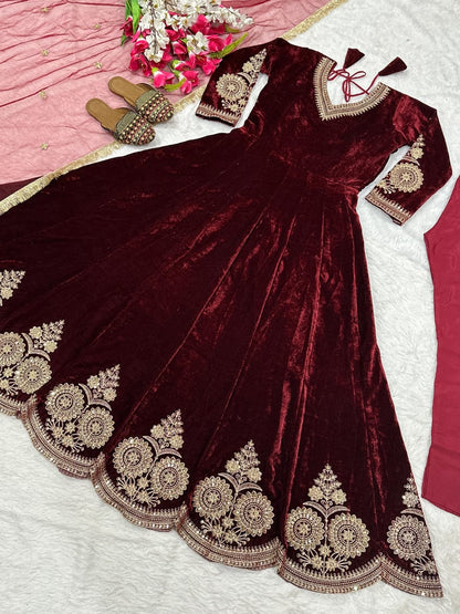 Premium Viscose Velvet Embroidered Anarkali Suit with Net Dupatta & Micro Cotton Silk Pant – Ready to Wear