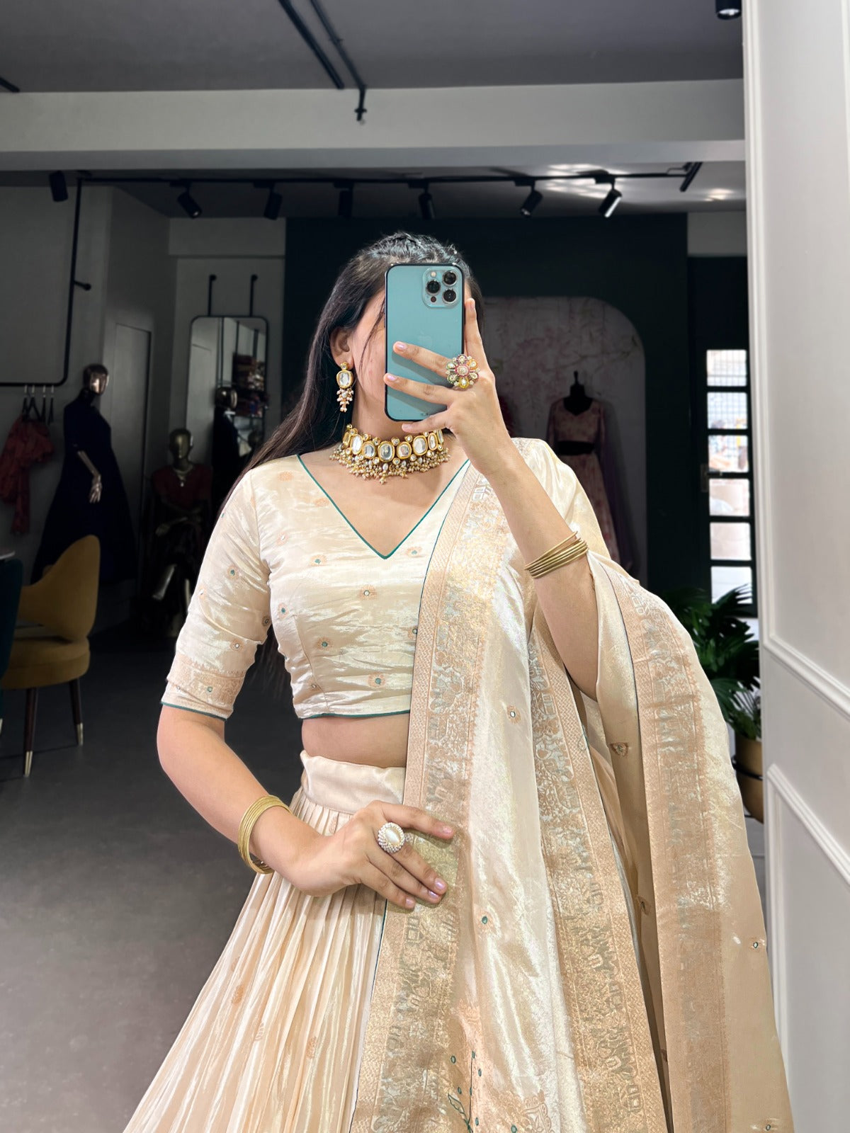 Pure Shimmer Mirror Work Lehenga Choli Set with Dupatta – Wedding & Festive Wear, 3.5m Flare, Hand Beads Work