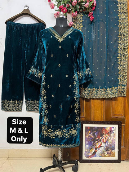 Women’s Heavy Velvet Embroidered Kurti Palazzo Set with Georgette Dupatta – Fully Stitched Festive Wear