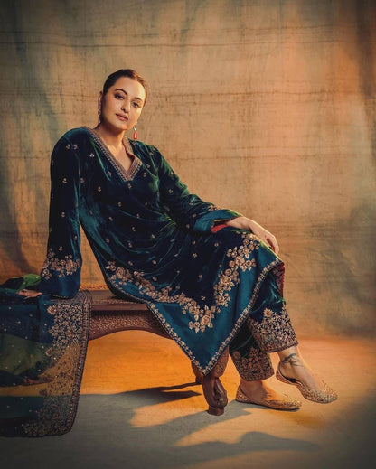 Women’s Heavy Velvet Embroidered Kurti Palazzo Set with Georgette Dupatta – Fully Stitched Festive Wear