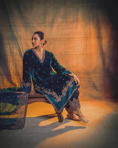 Women’s Heavy Velvet Embroidered Kurti Palazzo Set with Georgette Dupatta – Fully Stitched Festive Wear