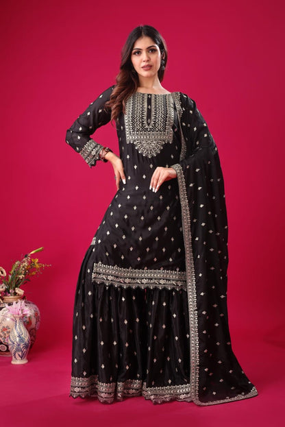 Premium Designer Chinon Silk Sharara Suit with Heavy Embroidery & Dupatta | Ready-to-Wear Party & Wedding Wear