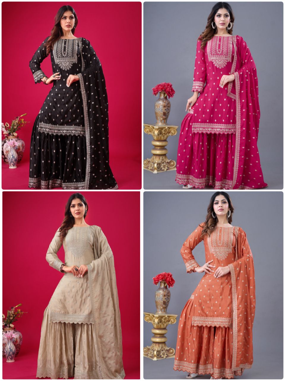 Premium Designer Chinon Silk Sharara Suit with Heavy Embroidery & Dupatta | Ready-to-Wear Party & Wedding Wear