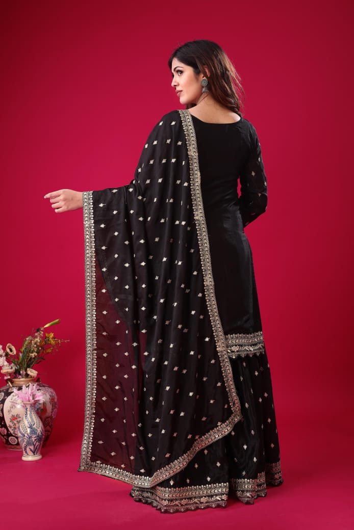 Premium Designer Chinon Silk Sharara Suit with Heavy Embroidery & Dupatta | Ready-to-Wear Party & Wedding Wear