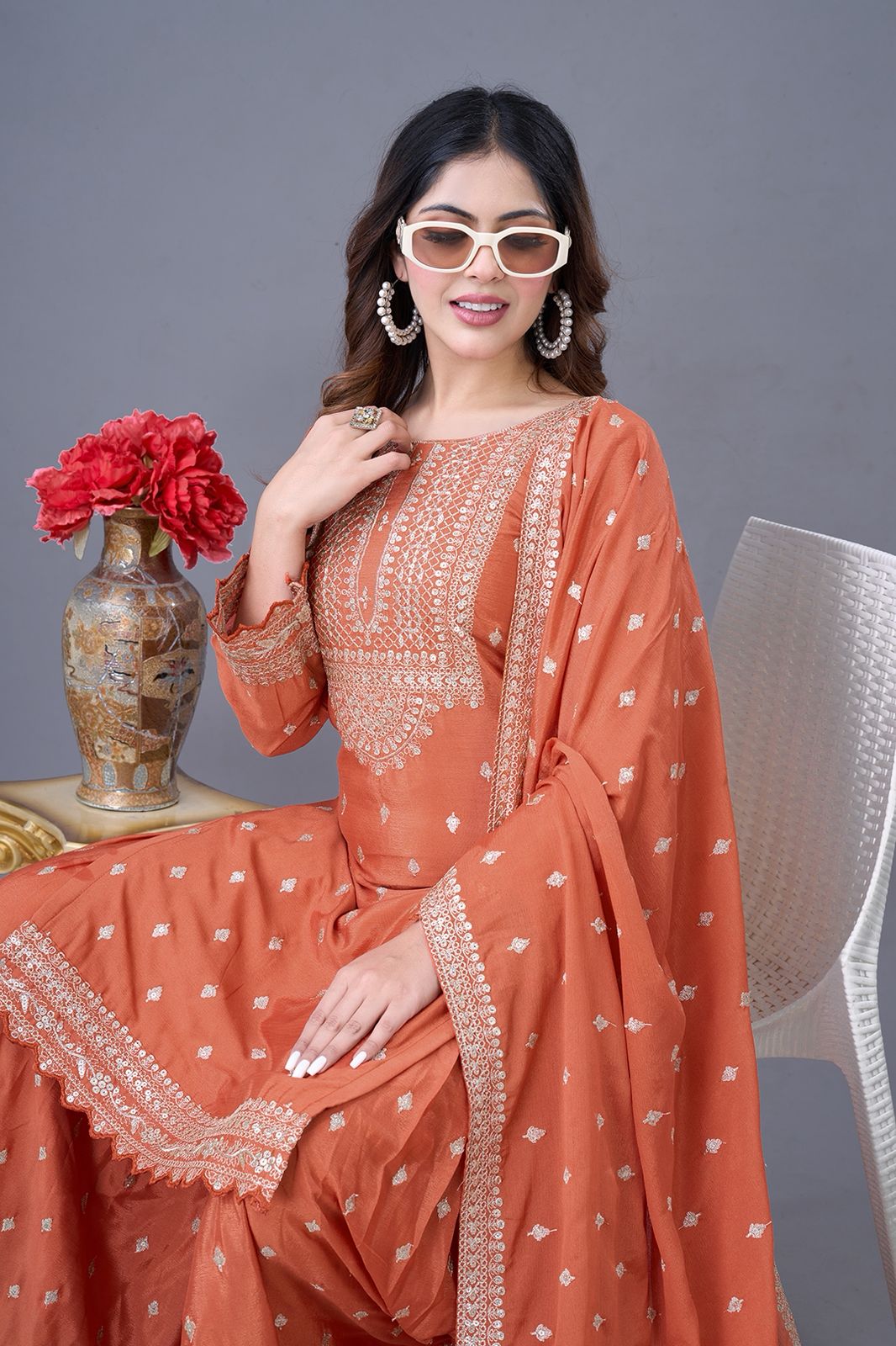 Premium Designer Chinon Silk Sharara Suit with Heavy Embroidery & Dupatta | Ready-to-Wear Party & Wedding Wear