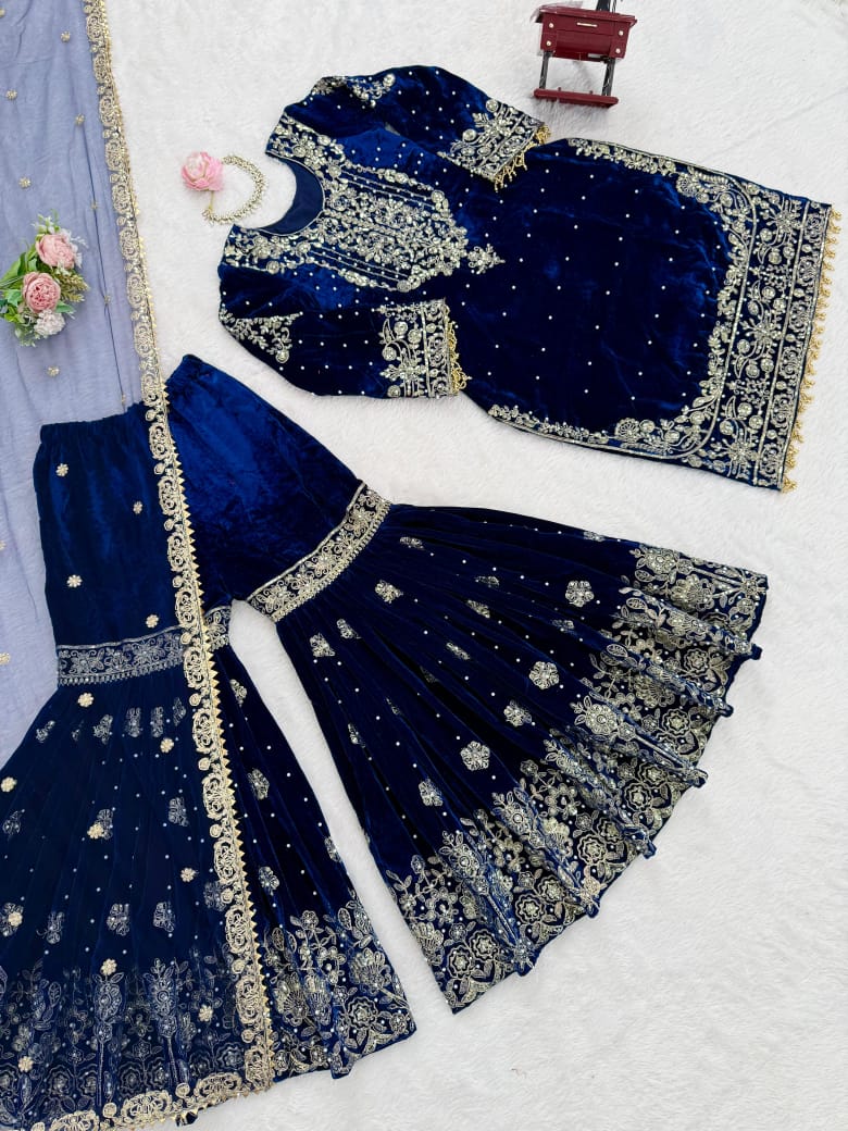 Premium Viscose Velvet Embroidered Sharara Suit with Soft Net Dupatta – Ready to Wear Party & Wedding Wear