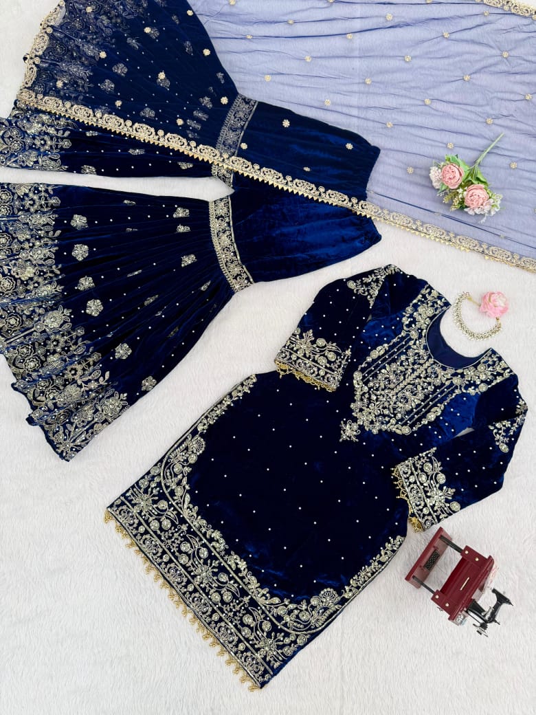 Premium Viscose Velvet Embroidered Sharara Suit with Soft Net Dupatta – Ready to Wear Party & Wedding Wear