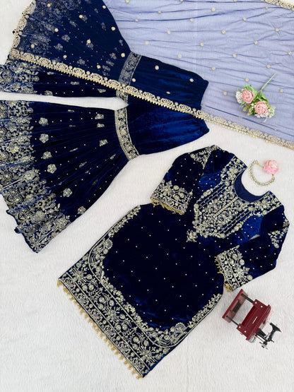 Premium Viscose Velvet Embroidered Sharara Suit with Soft Net Dupatta – Ready to Wear Party & Wedding Wear