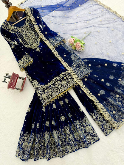 Premium Viscose Velvet Embroidered Sharara Suit with Soft Net Dupatta – Ready to Wear Party & Wedding Wear