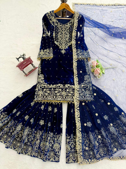 Premium Viscose Velvet Embroidered Sharara Suit with Soft Net Dupatta – Ready to Wear Party & Wedding Wear