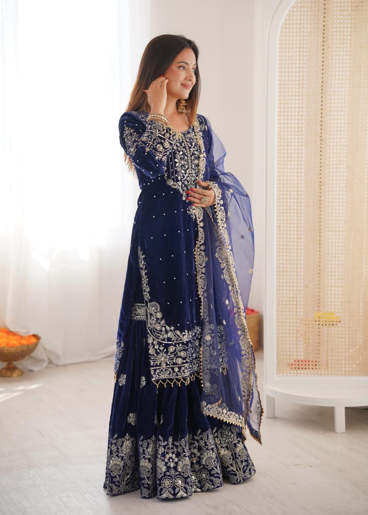 Premium Viscose Velvet Embroidered Sharara Suit with Soft Net Dupatta – Ready to Wear Party & Wedding Wear