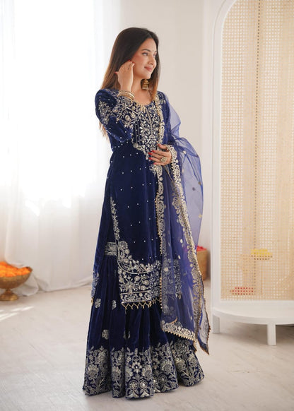 Premium Viscose Velvet Embroidered Sharara Suit with Soft Net Dupatta – Ready to Wear Party & Wedding Wear
