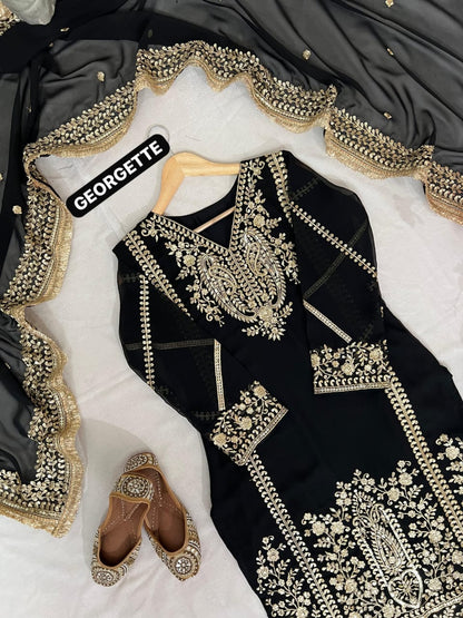 Designer Heavy Georgette Kurta Palazzo Set with Dupatta | Sequins & Thread Embroidery | Fully Stitched Festive Wear (M–XXL)