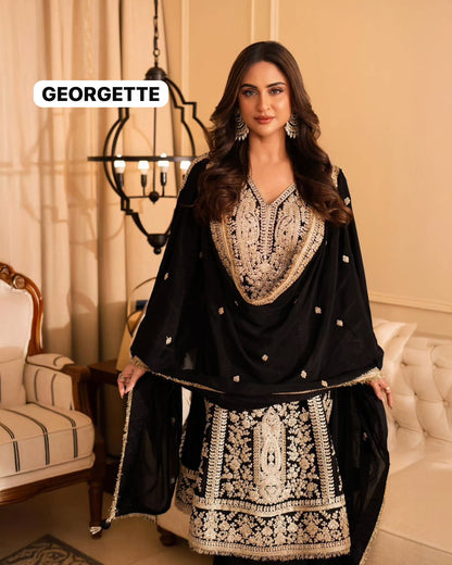 Designer Heavy Georgette Kurta Palazzo Set with Dupatta | Sequins & Thread Embroidery | Fully Stitched Festive Wear (M–XXL)