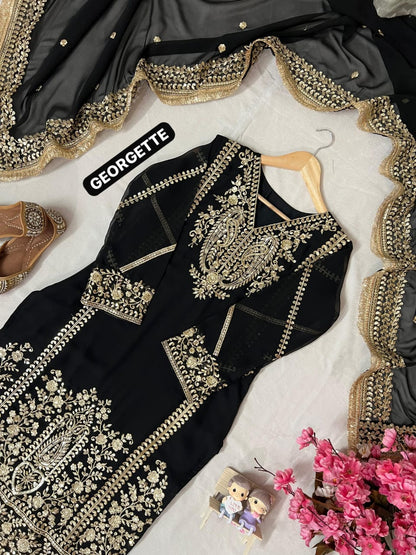 Designer Heavy Georgette Kurta Palazzo Set with Dupatta | Sequins & Thread Embroidery | Fully Stitched Festive Wear (M–XXL)