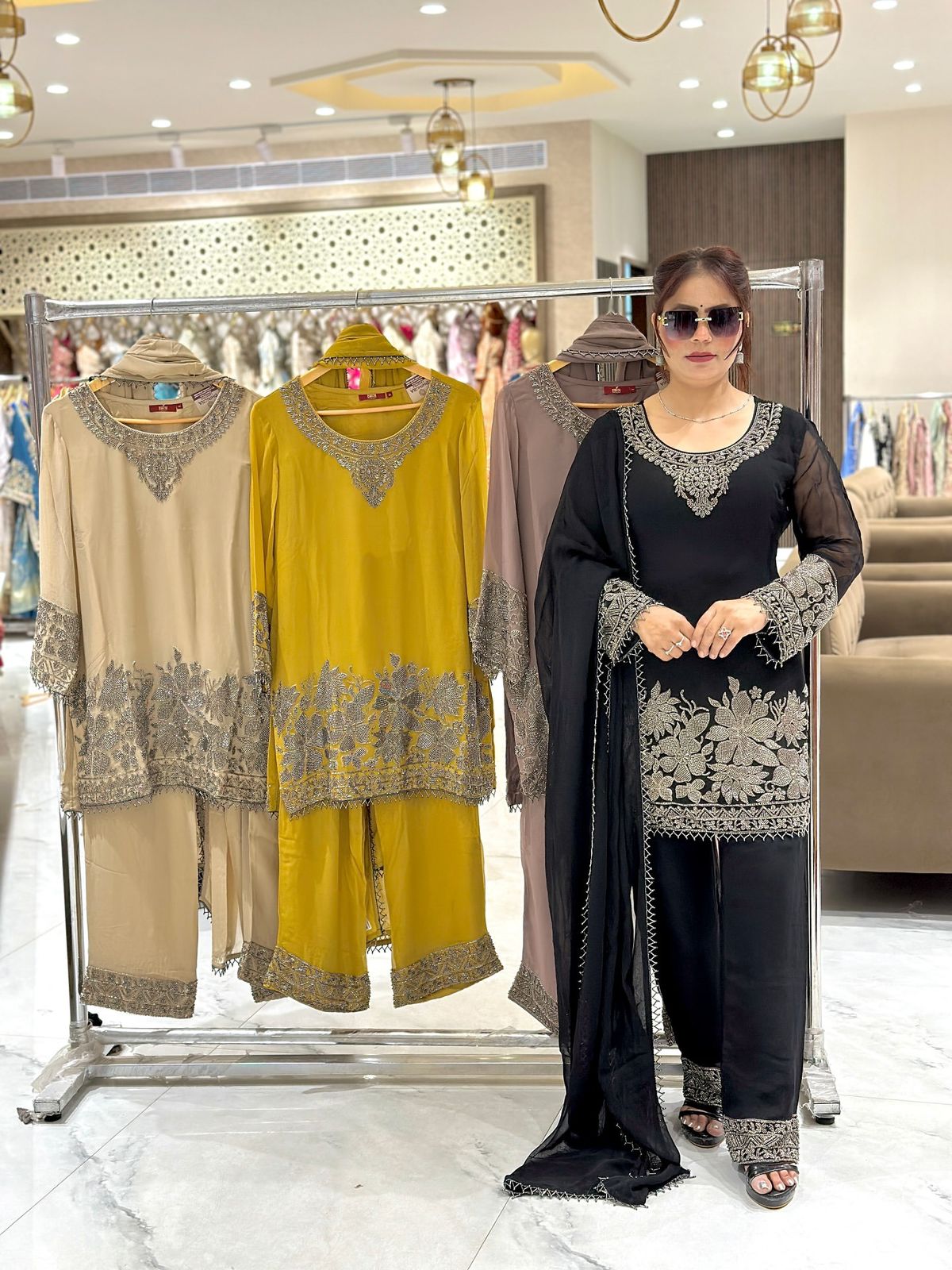 Elegant Faux Georgette Embroidered Suit Set for Women with Heavy Sequin Work & Lace Dupatta (Ready to Wear)