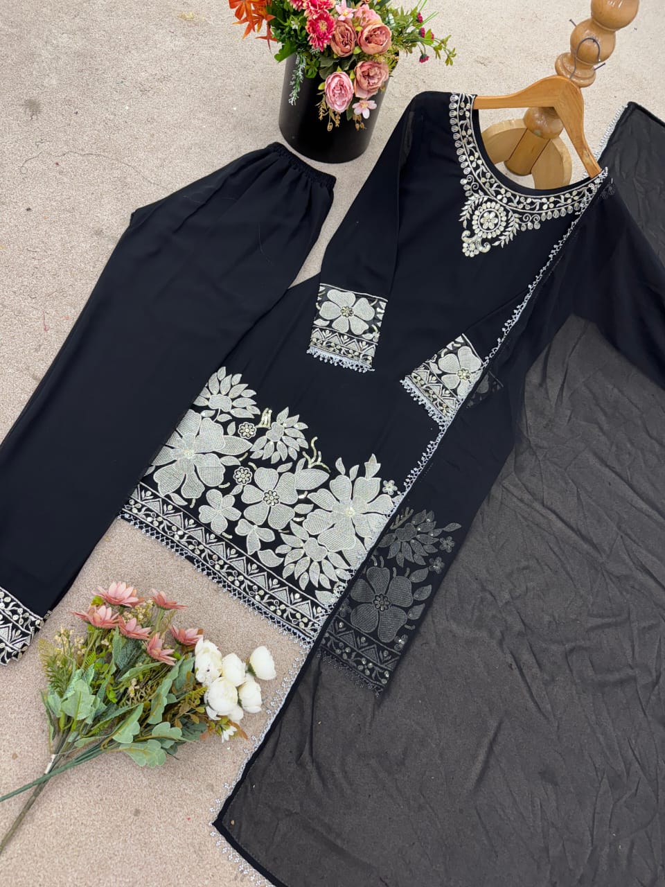 Elegant Faux Georgette Embroidered Suit Set for Women with Heavy Sequin Work & Lace Dupatta (Ready to Wear)