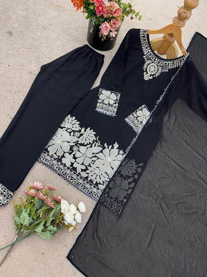 Elegant Faux Georgette Embroidered Suit Set for Women with Heavy Sequin Work & Lace Dupatta (Ready to Wear)